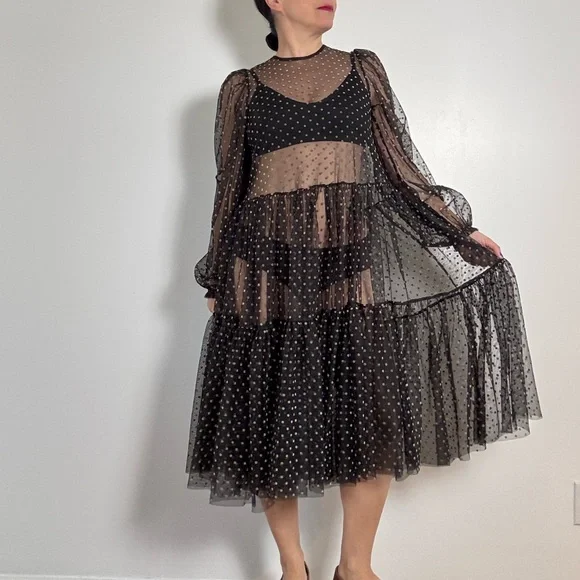 Sheer Black and Tan Polka Dot Maxi Dress - Size M - Picture 2 of 13
